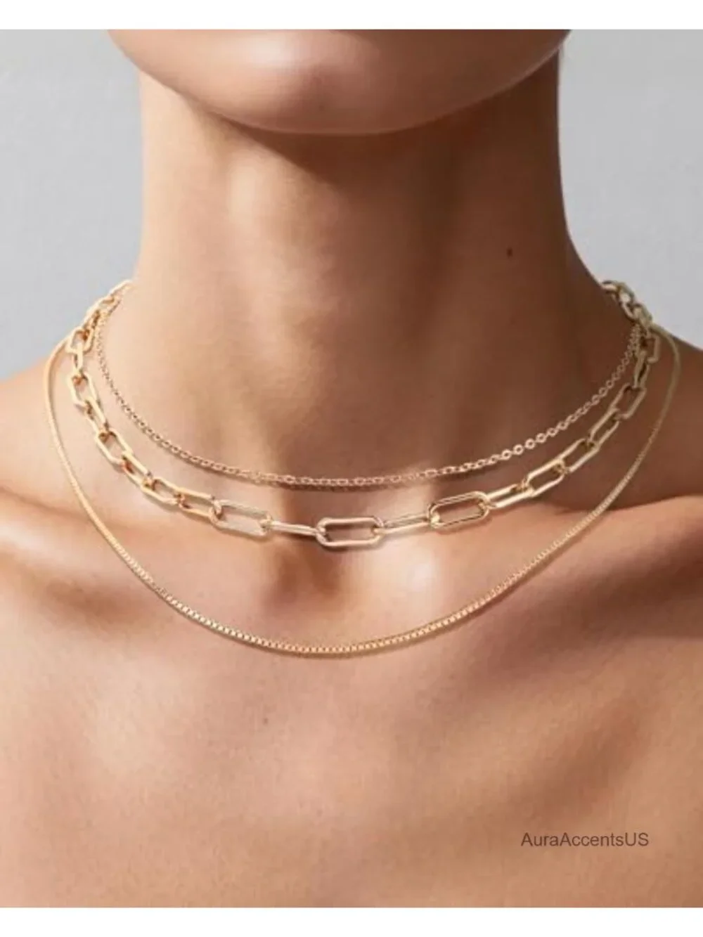 14K Gold Plated Layered Necklace for Women Adjustable Three Layer Choker